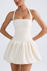 Ludmila-Halterneck Lace-Up Bubble Hem Corset Micro Mini Dress in Ivory