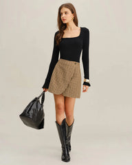 Khaki Plaid Wrap Mini Skirt