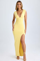 Sloane-High Split Plunge Neck Maxi Dress in Lemon Sherbet