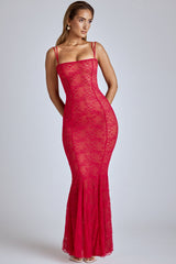 Marietta-Sheer Lace Fishtail Gown in Cherry Red
