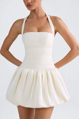 Ludmila-Halterneck Lace-Up Bubble Hem Corset Micro Mini Dress in Ivory