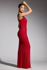Colmar-Embellished Plunge Neck Evening Gown in Red