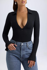 Yanna-Modal Plunge V-Neck Bodysuit in Black
