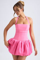 Ludmila-Halterneck Lace-Up Bubble Hem Corset Micro Mini Dress in Hot Pink