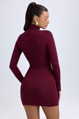 Amira-Modal Turtleneck Mini Dress in Wine Red