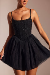 Eugenie-Embellished Corset Tulle Skirt Mini Dress in Black