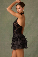 Petalia-Embellished Ruffled Halterneck Mini Dress in Black