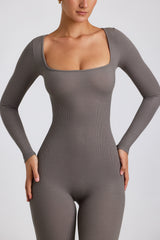 Iris-Ribbed Modal Long Sleeve Jumpsuit in Grey
