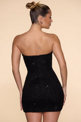 Basel-Embellished Strapless Cowl Neck Mini Dress in Black