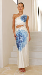 Emily One Shoulder Maxi Dress - Ivory / Blue