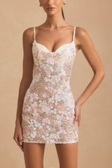Velena-Embellished Camisole Bodycon Mini Dress in Ivory
