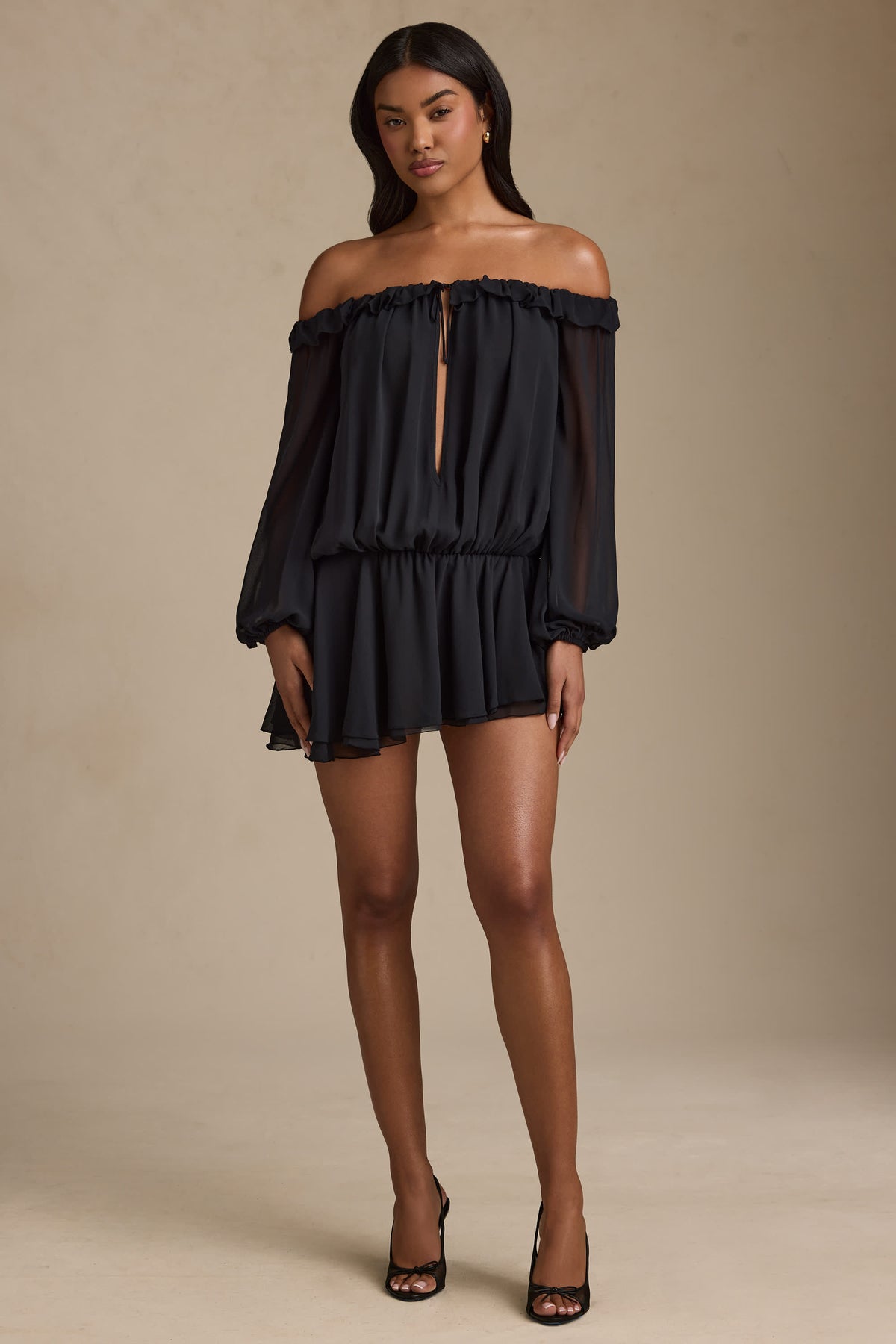 Solana-Off-Shoulder Asymmetric Balloon-Sleeve Mini Dress in Black