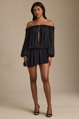 Solana-Off-Shoulder Asymmetric Balloon-Sleeve Mini Dress in Black