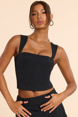 Laurel-Brushed Twill Square Neck Tailored Top in Black