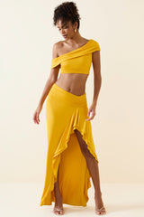 Imaan-Asymmetric Ruffled Low-Rise Maxi Skirt in Golden Yellow