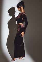 Ginevra-Velvet Long Sleeve Maxi Dress in Chocolate Brown