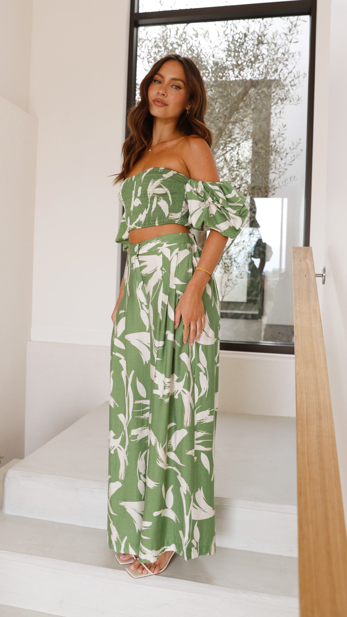 Callison Crop Top and Pants Set - Green Print