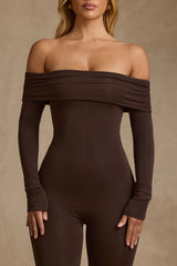 Dilnaz-Modal Off-Shoulder Ruched Jumpsuit in Chocolate Brown