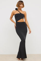 Kalina-Premium Jersey Asymmetric Cut Out Maxi Dress in Black