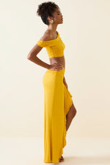 Imaan-Asymmetric Ruffled Low-Rise Maxi Skirt in Golden Yellow