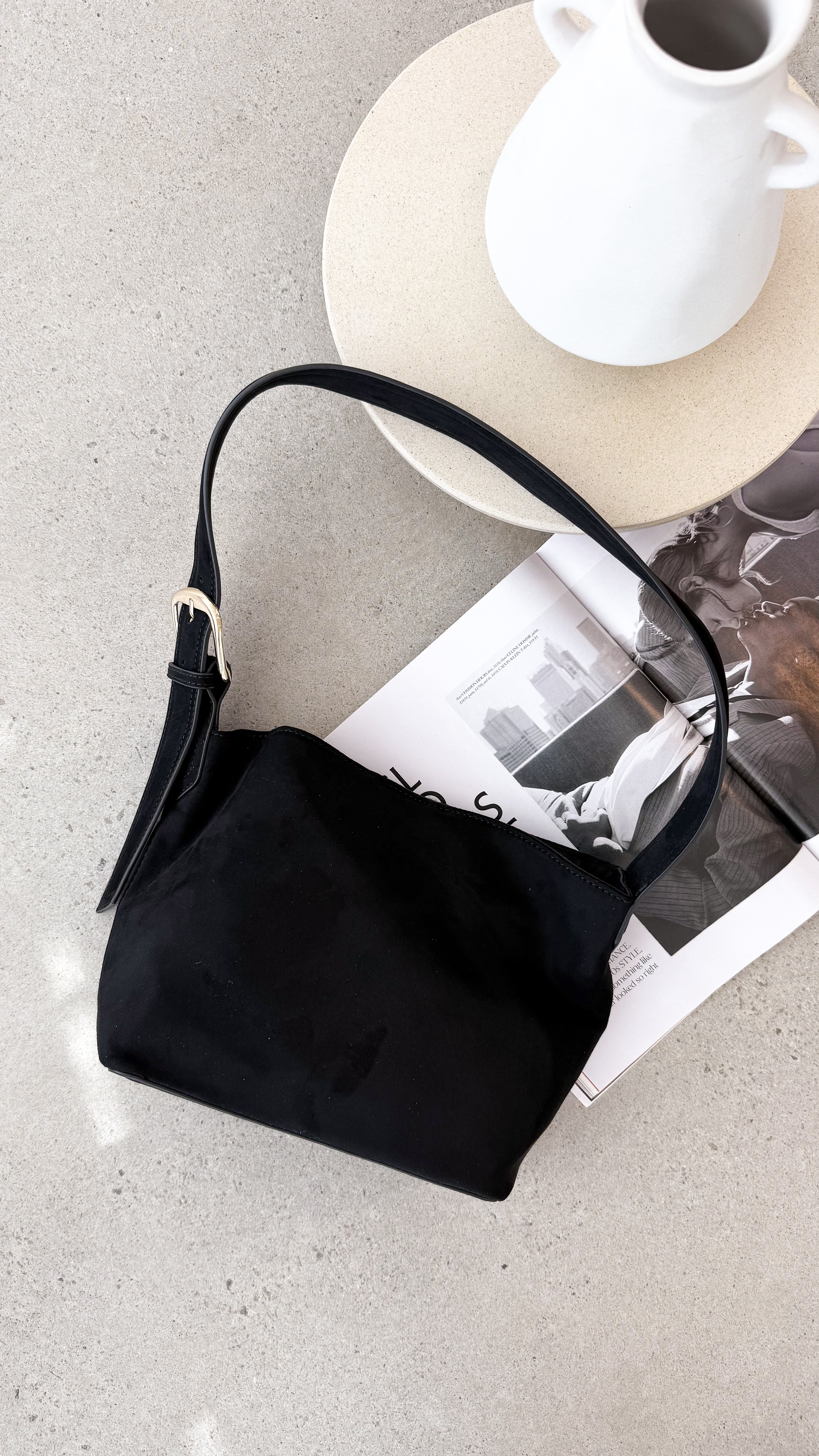 Freya Shoulder Bag - Black Suede