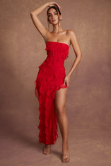 Nevali-Bandeau Ruffle Detail Maxi Dress in Red