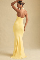 Laverna-Ruched Backless Halterneck Gown in Pastel Yellow