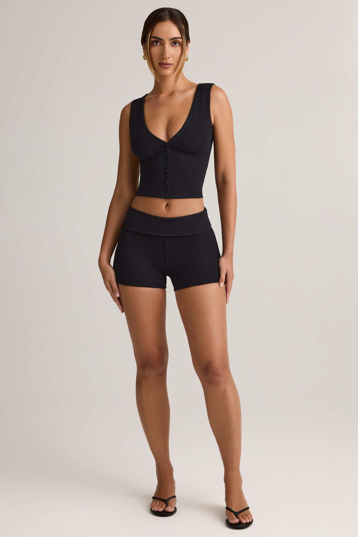 Lisha-Modal Ribbed Mid-Rise Foldover Shorts in Black