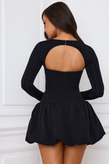 Viola-Long-Sleeve Bubble Hem Mini Dress in Black