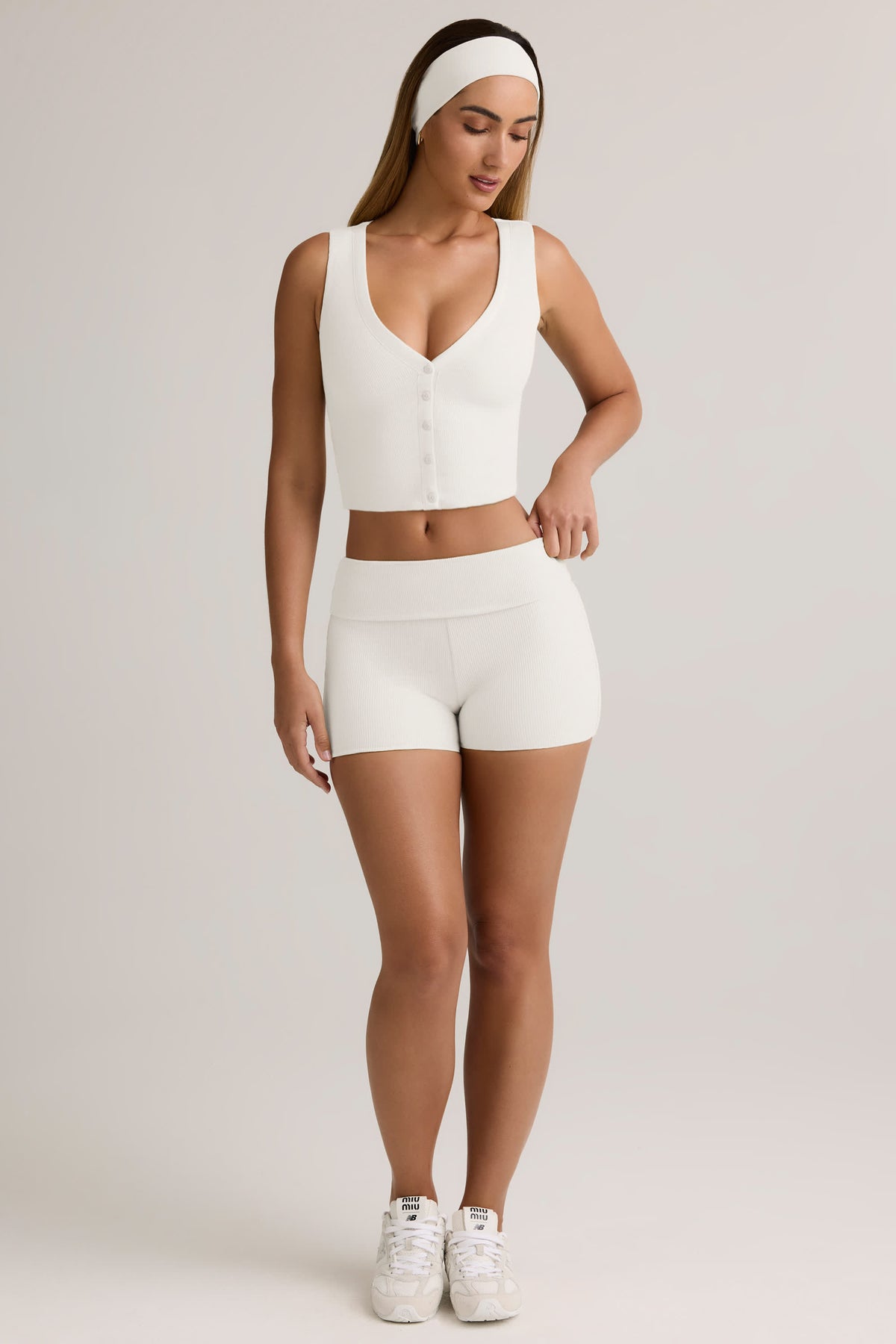 Lisha-Modal Ribbed Mid-Rise Foldover Shorts in White