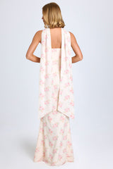 Imogene-Scarf-Detail Strapless Gown in Large Rose Print