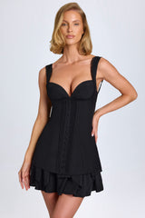 Cassandra-Ruffle-Trim Button-Detail Corset Mini Dress in Black