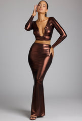 Zahra-Mid Rise Metallic Jersey Gown Skirt in Copper Bronze