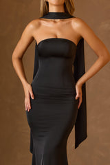 Mandi-Scarf-Detail Strapless Gown in Black