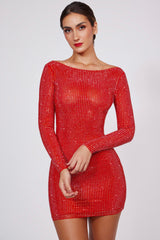 Delfina-Embellished High Neck Cowl Back Mini Dress in Fire Red