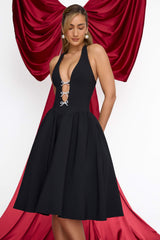 Angelina-Halterneck Bow-Detail Midi Dress in Black