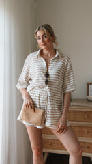 Lacole Button Up Shirt and Shorts Set - White / Beige Stripe