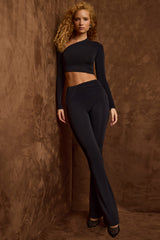 Mairead-Asymmetric Draped Mid-Rise Flared Trousers in Black