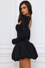Viola-Long-Sleeve Bubble Hem Mini Dress in Black