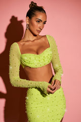 La Desirade-Embellished Cowl Neck Crop Top in Lime