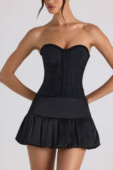 Melvina-Ruched Lace-Up Strapless Corset Top in Black