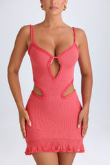 Jovelyn-Ruffle-Appliqué Cut-Out Mini Dress in Coral