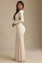 Tarini-Ruched Backless Lace Maxi Dress in Ivory