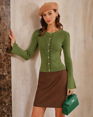 Green Bell Sleeve Button Knit Cardigan