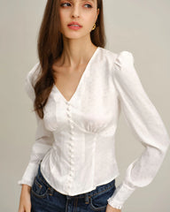 White Ruched V Neck Shirt