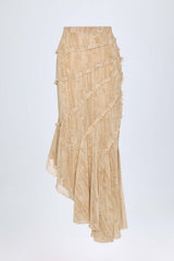 Novina-Ruffled Asymmetric Mid-Rise Maxi Skirt in Tan Print