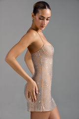Lasma-Embellished Halterneck A-Line Mini Dress in Almond
