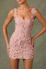 Posy-Embellished Corset Mini Dress in Dusty Rose
