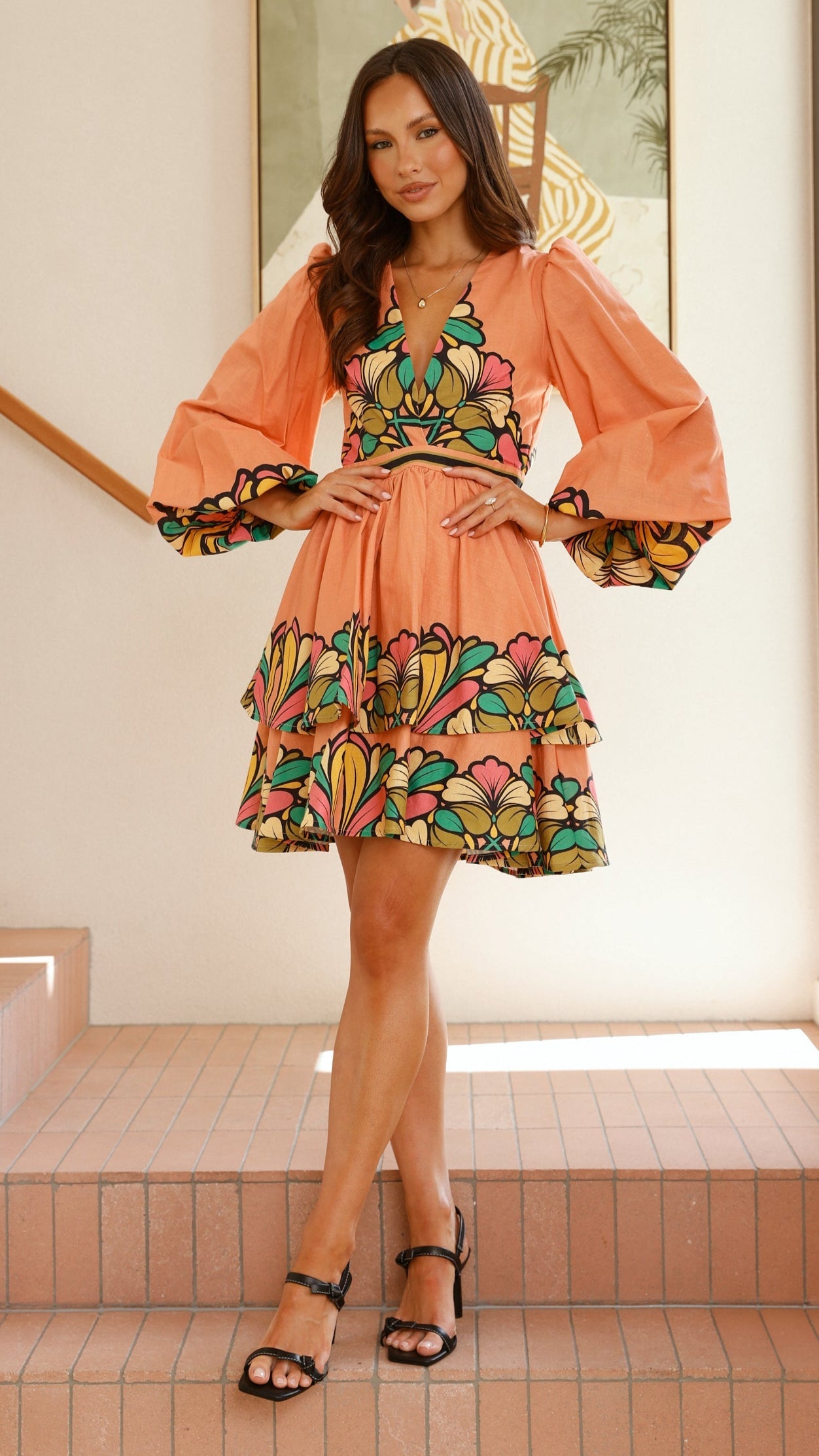 Portugal Long Sleeve Mini Dress - Melon