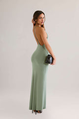 Leire-Modal Plunge Backless Maxi Dress in Sage Green